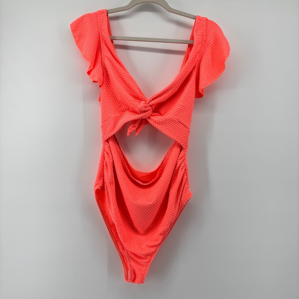 Neon Coral Textured Cutout One Piece Swimsuit Ruffle Sleeve‎ Back Knot Large
